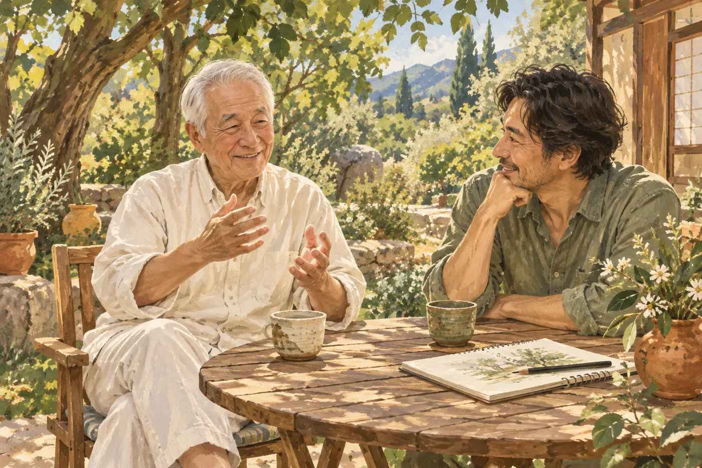 Illustrated Uncle Kenji enjoying a relaxed conversation with a friend in a garden