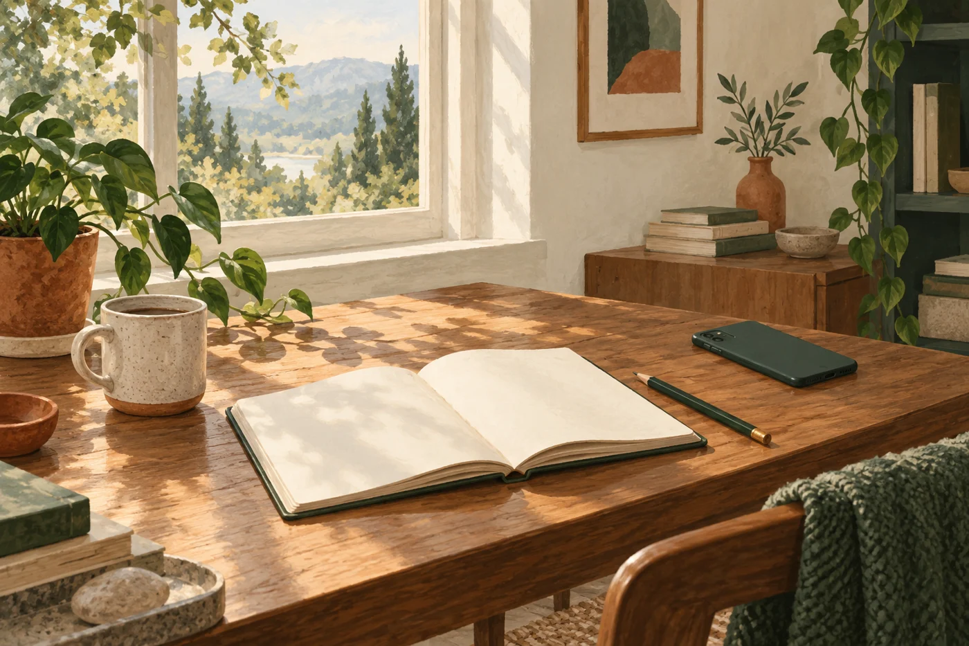 A quiet desk with a notebook, a cup, and a phone set aside